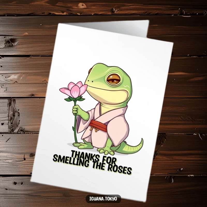 Funny Free Printable Thank You Card: Iguana in a kimono curiously examining a flower, showing appreciation.