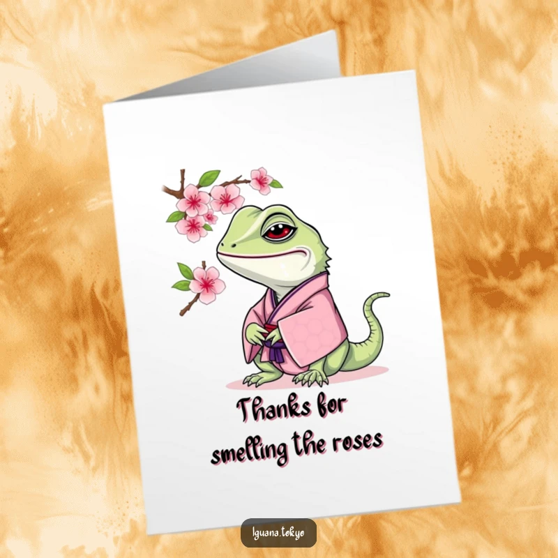 Funny Free Printable Iguana Thank You Card: Iguana in kimono curiously sniffing a cherry blossom.