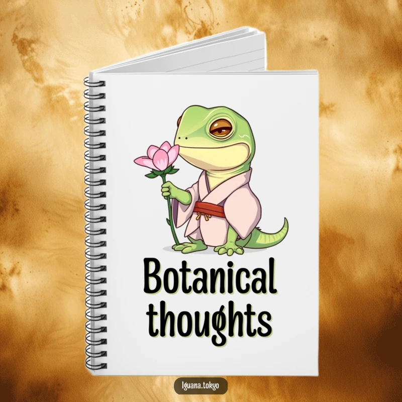 Funny notebook featuring an iguana character in a kimono, curiously examining a flower, perfect for journaling.