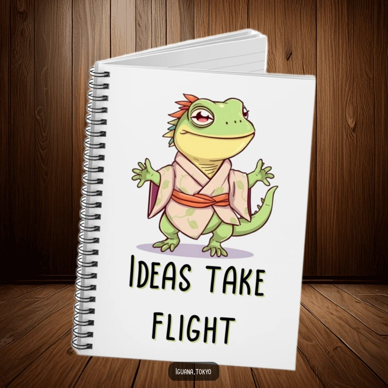 Funny notebook featuring an iguana character in a kimono, joyfully doing a happy little hop, perfect for writing.