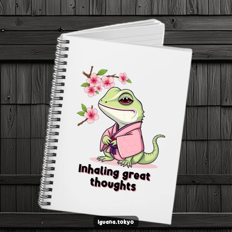 Funny Iguana Notebook: Iguana in a traditional kimono curiously sniffing a cherry blossom, perfect for journaling.