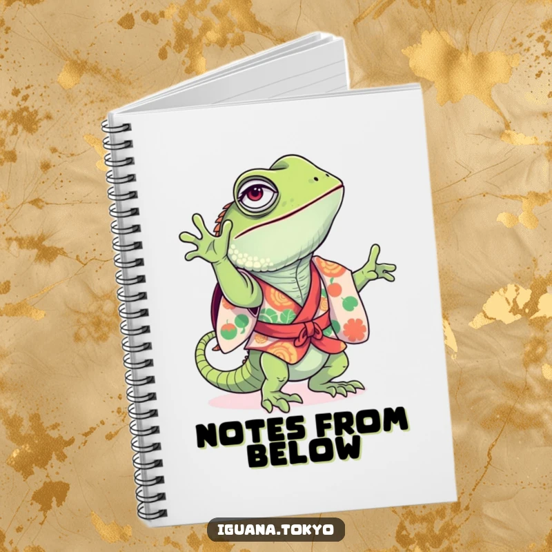 Funny Notebook with a playful iguana in a colorful kimono attempting a handstand on the cover, inspiring energetic thoughts and laughter.