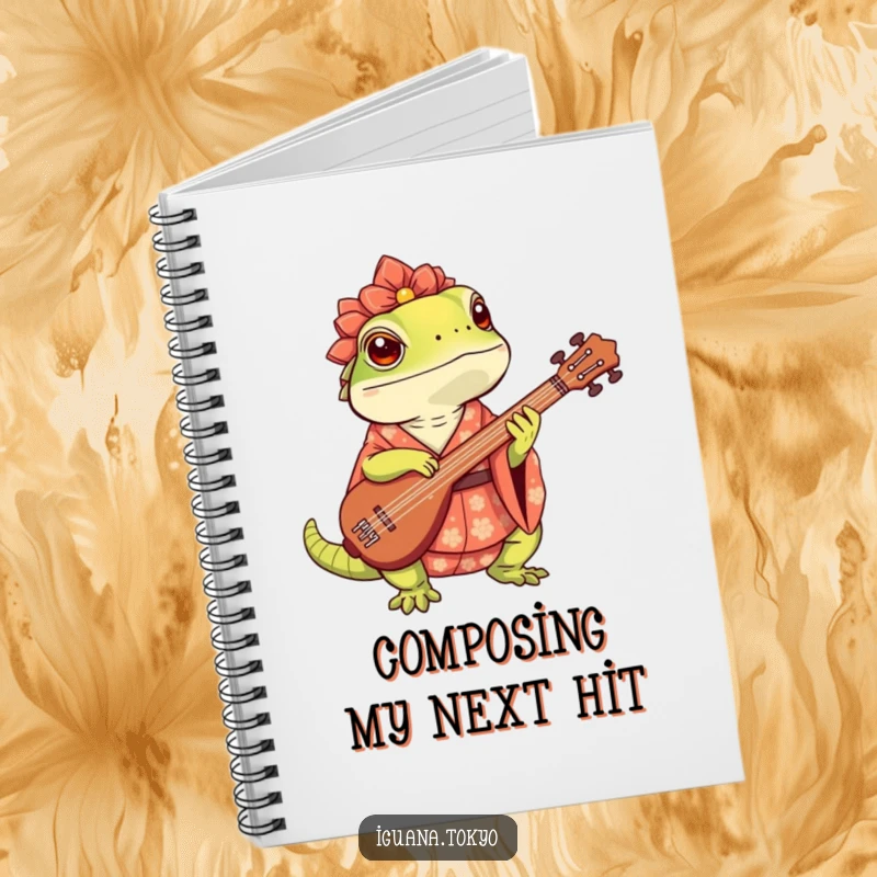 Funny Notebook with a cute iguana in a kimono playing a shamisen on the cover, inspiring creativity and laughter.