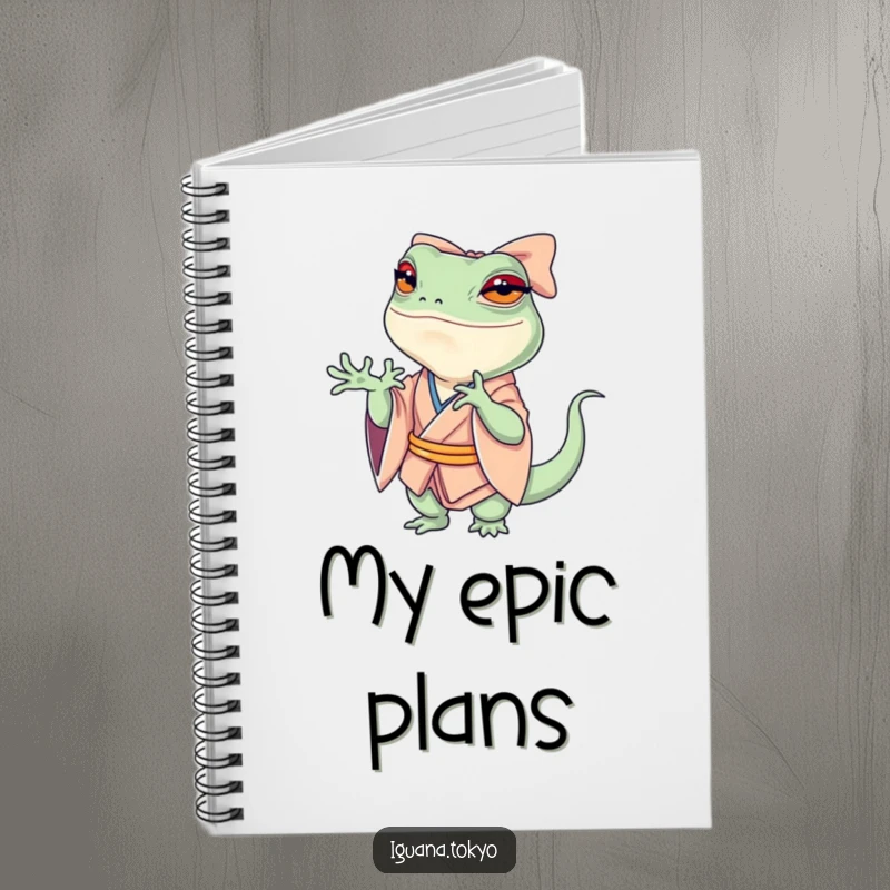 Funny Notebook with a petite iguana in a kimono bowing dramatically on the cover, inspiring grand ideas and laughter.
