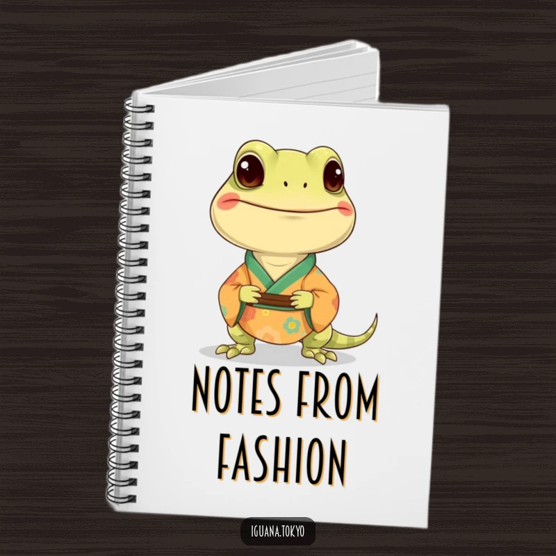 Funny notebook featuring a smiling iguana character wearing a colorful kimono, perfect for writing and journaling.