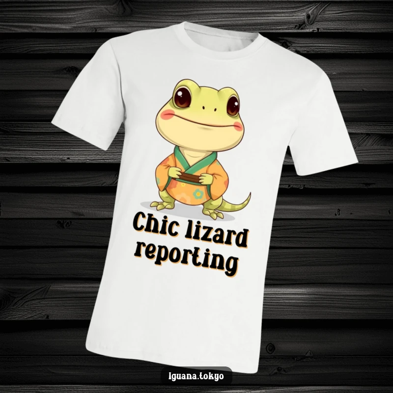 Funny t-shirt featuring a smiling iguana character wearing a colorful, traditional kimono with a cheerful expression.