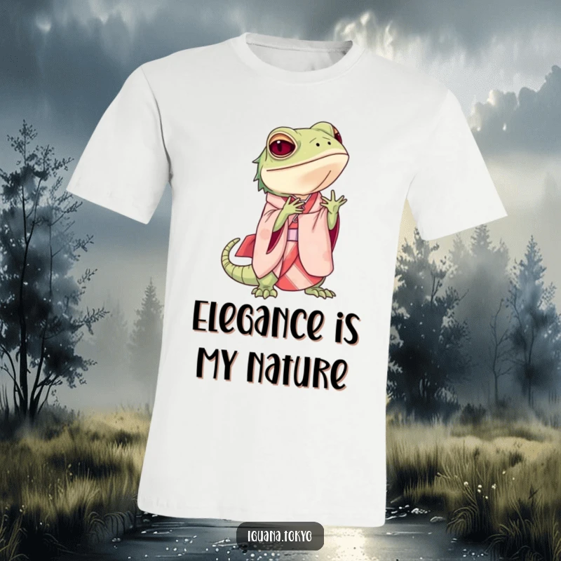 Funny T-Shirt featuring an iguana in an elegant kimono, executing a perfect, graceful bow with poise and a hint of amusement.
