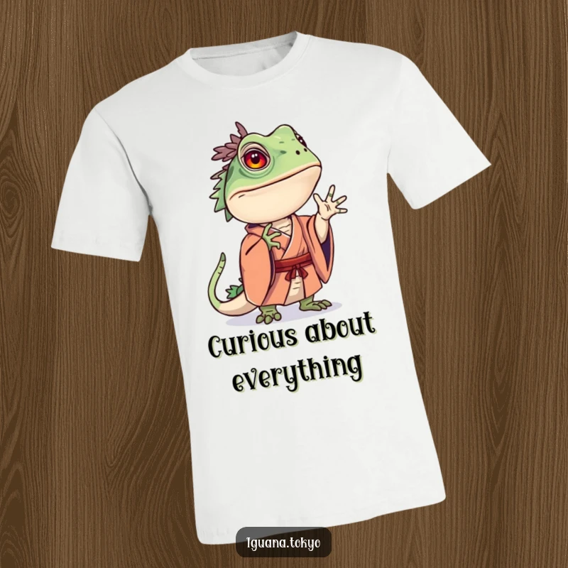 Funny t-shirt featuring an iguana character in a kimono, captured in a unique and curious pose, inviting thought.