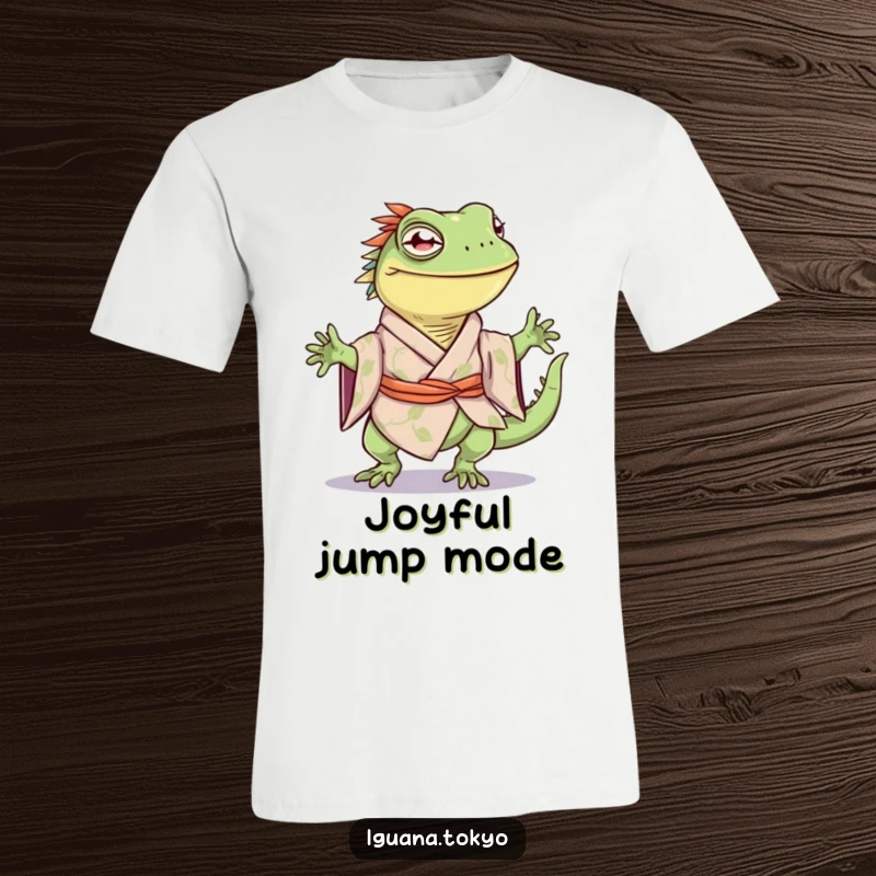 Funny t-shirt featuring an iguana character in a kimono, joyfully doing a little happy hop with enthusiasm.