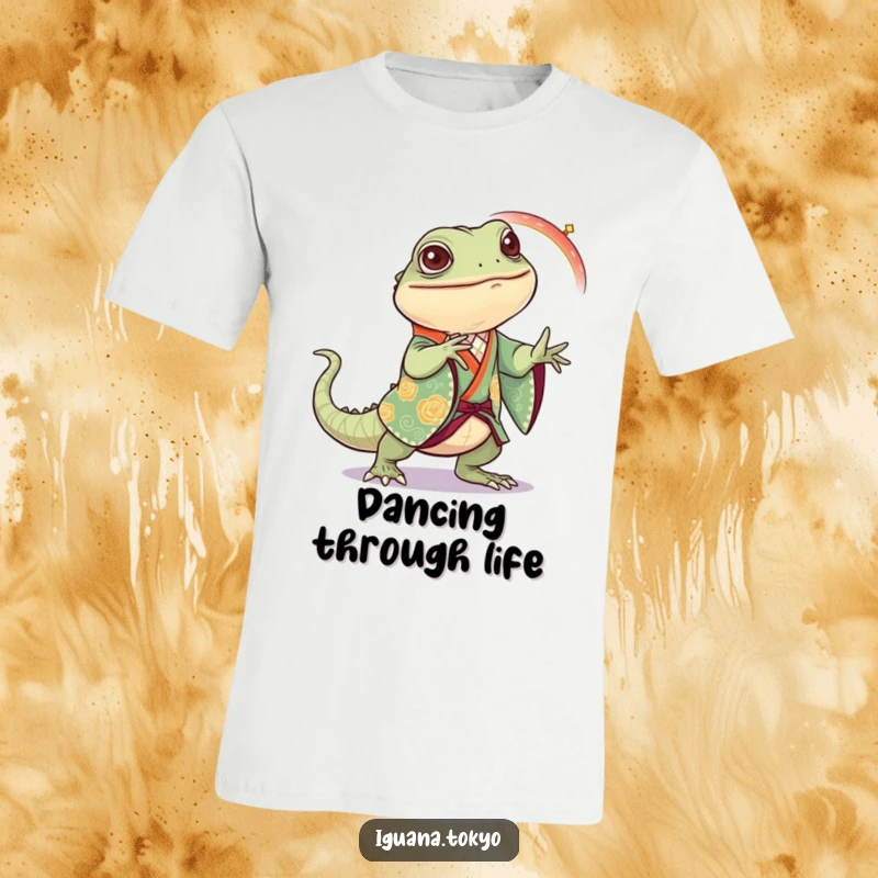 Funny Iguana T-Shirt: Iguana in a festive kimono performing an energetic and joyful dance step, radiating happiness.