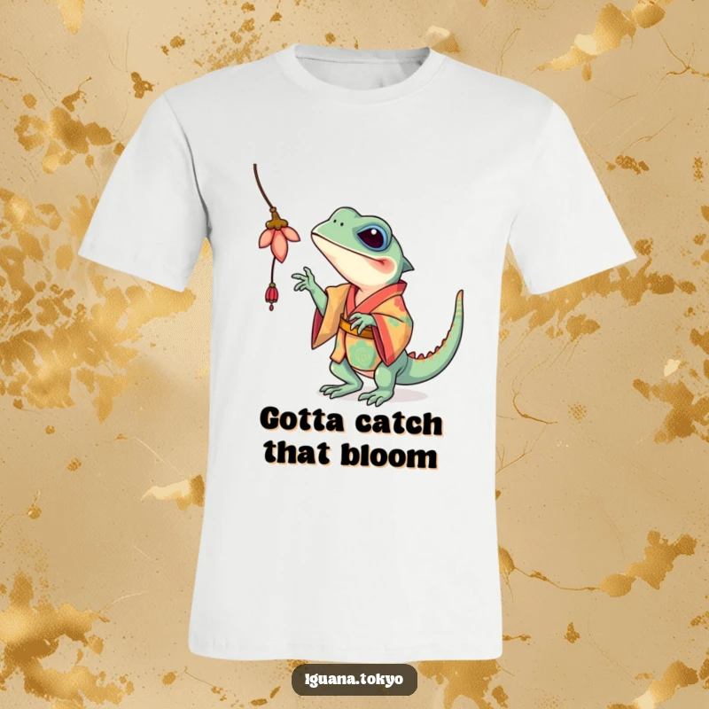Funny Iguana T-Shirt: Iguana in a bright kimono playfully engaged in batting at a dangling flower, full of life and humor.