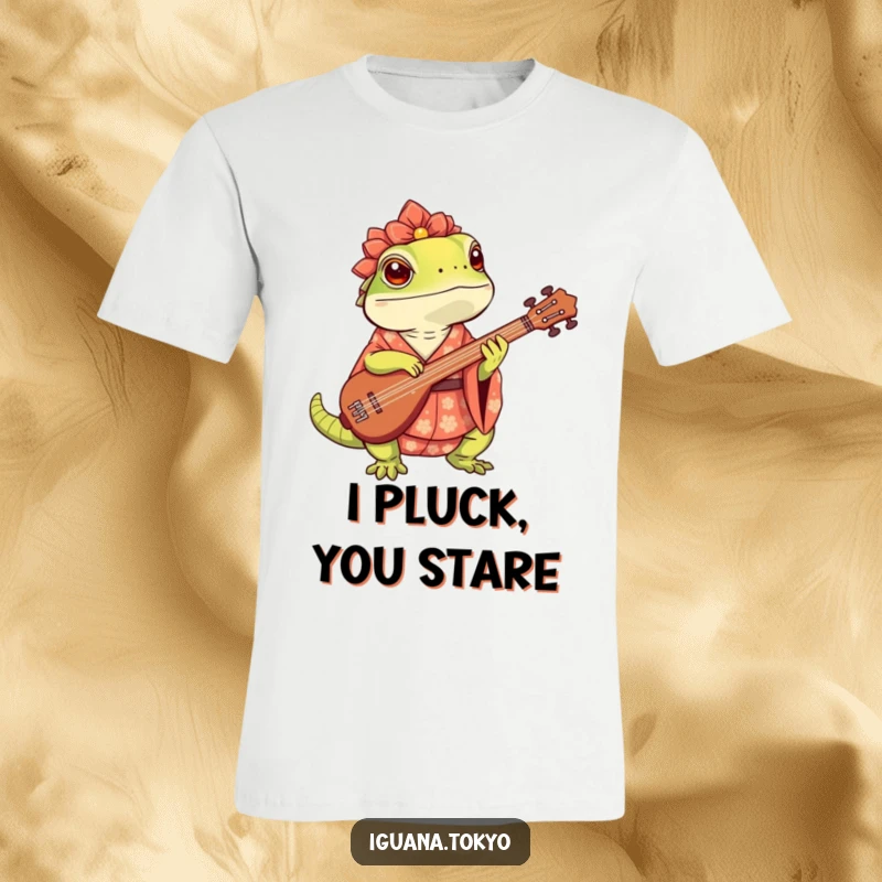 Funny T-Shirt featuring a cool iguana in a vibrant kimono, energetically playing a shamisen with musical notes floating.