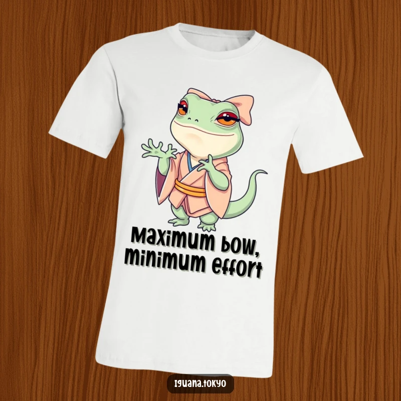 Funny T-Shirt featuring a petite iguana in a kimono, executing a dramatic, sweeping bow with impressive theatricality.