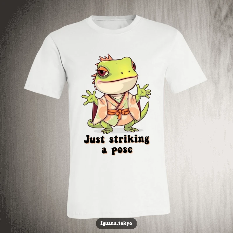 Funny Iguana T-Shirt: Iguana in a kimono striking a playful, curious pose, exuding confidence and charm.