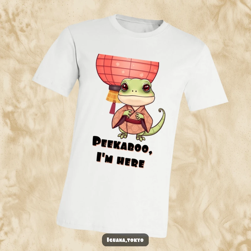 Funny Iguana T-Shirt: Cute iguana in a patterned kimono hiding and peeking flirtatiously behind a paper lantern.