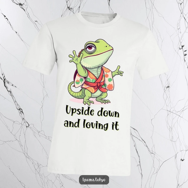 Funny T-Shirt featuring a playful iguana in a vibrant kimono, attempting a handstand with limbs flailing comically.