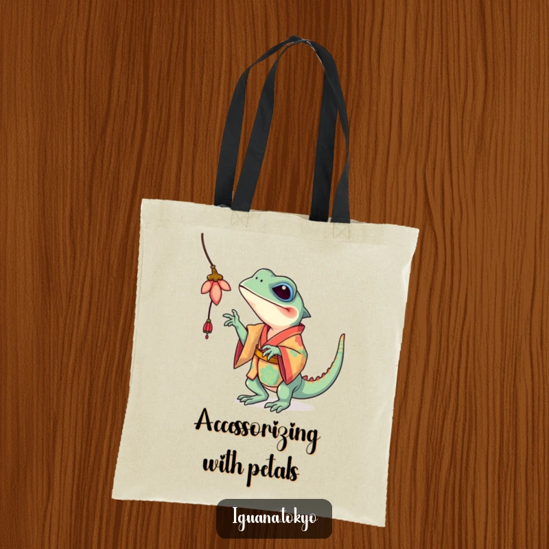 Funny Iguana Tote Bag: A bright iguana in a kimono playfully bats at a flower, perfect for shopping or daily errands.