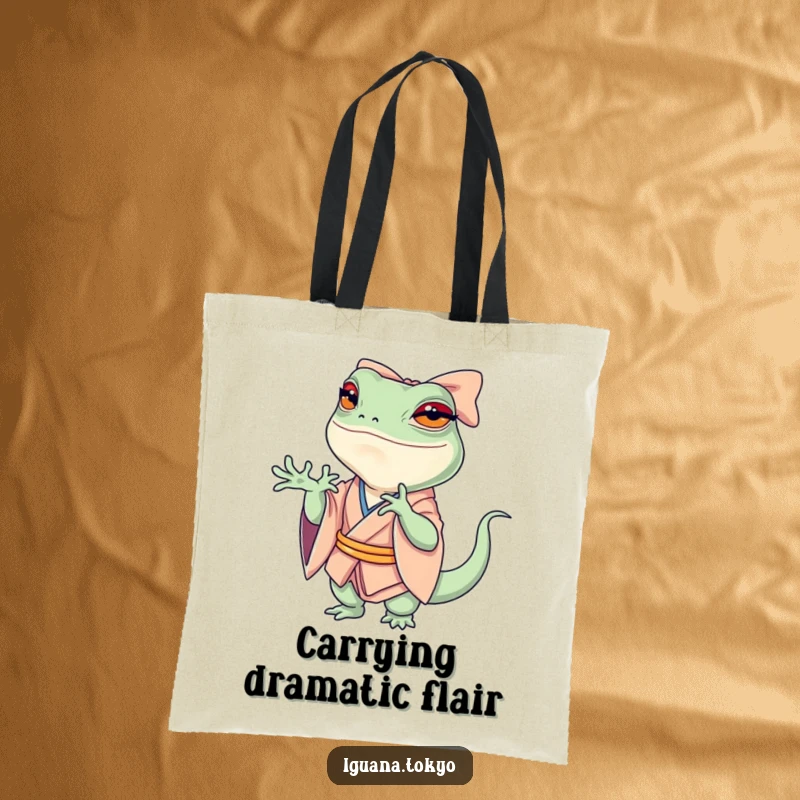 Funny Tote Bag adorned with a petite iguana in a kimono, performing a dramatic, swooshing bow with theatrical flair.