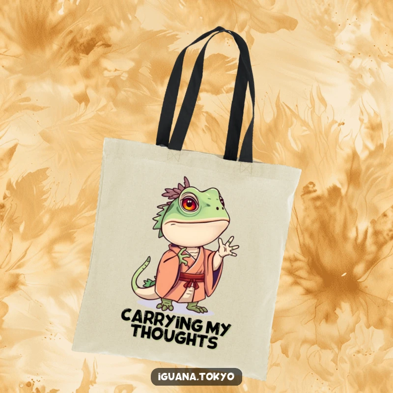Funny tote bag featuring an iguana character in a kimono striking a curious pose, great for carrying items thoughtfully.