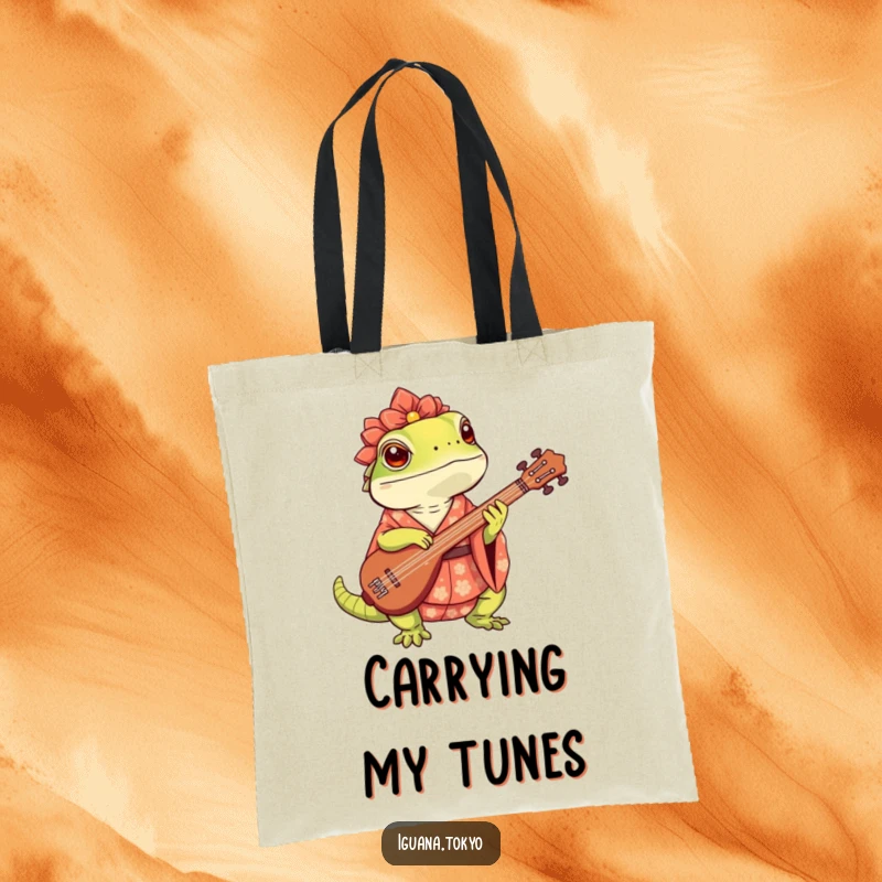 Funny Tote Bag adorned with a charming iguana in a kimono, strumming a shamisen with a cheerful vibe.