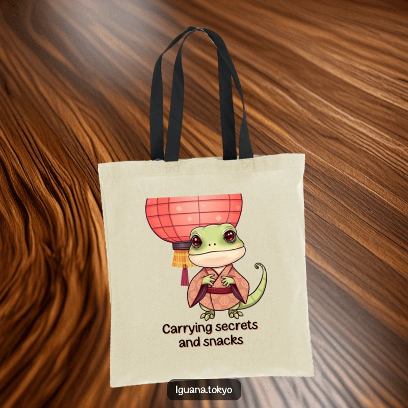 Funny Iguana Tote Bag: Charming iguana in a patterned kimono playfully peeking from behind a traditional paper lantern, perfect for errands.
