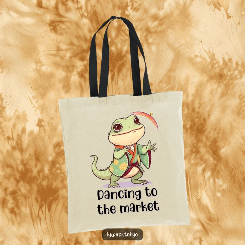 Funny Iguana Tote Bag: Iguana in a festive kimono dancing with joyful steps, perfect for carrying essentials with flair.