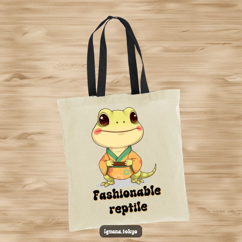 Funny tote bag showcasing a smiling iguana wearing a small, colorful kimono, perfect for shopping and daily use.
