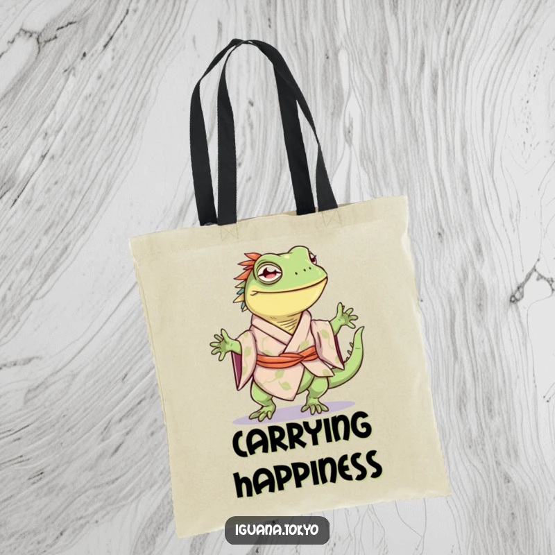 Funny tote bag featuring an iguana character in a kimono, joyfully performing a happy little hop, great for errands.