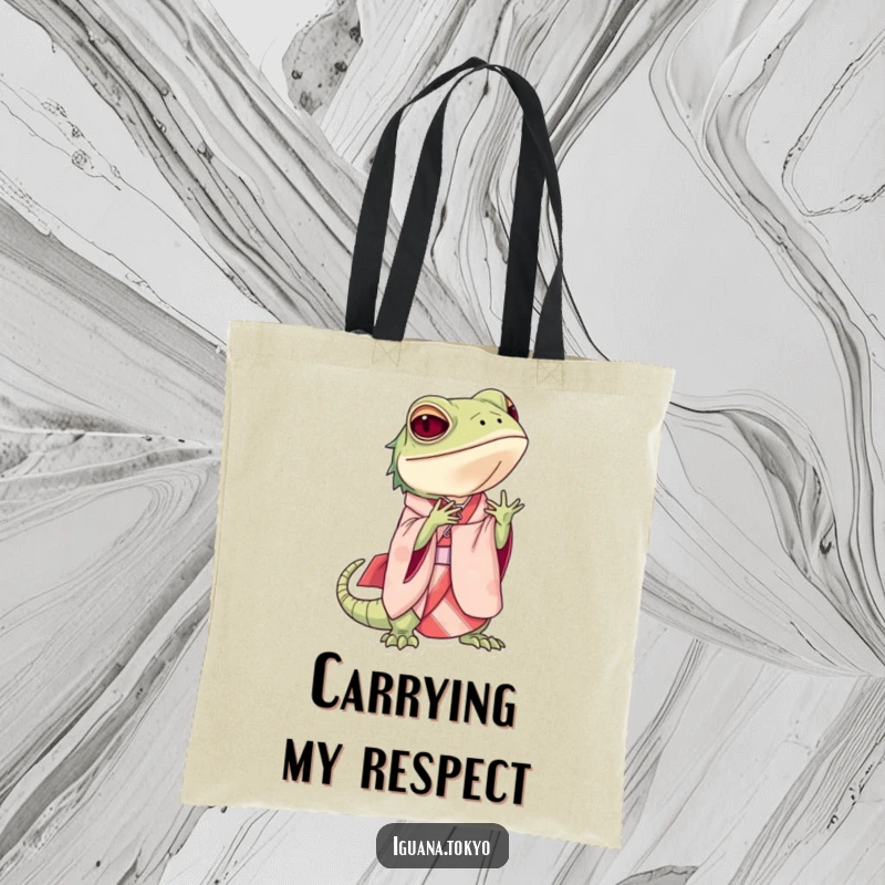 Funny Tote Bag showcasing an iguana in an elegant kimono, performing a graceful bow, adding a touch of class and humor.