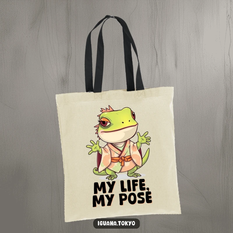 Funny Iguana Tote Bag: Iguana in a kimono striking a playful, curious pose, perfect for carrying essentials with style.